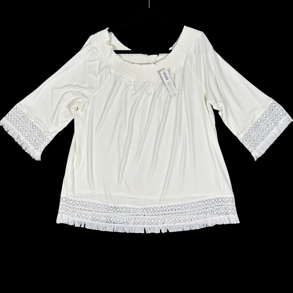 Chicos 3 XL White Smocked Peasant 3/4 Sleeve Crochet Fringe Blouse Boho Resort